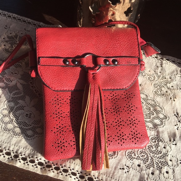Handbags - Red Tassel Laser Cut Mini Crossbody Bag